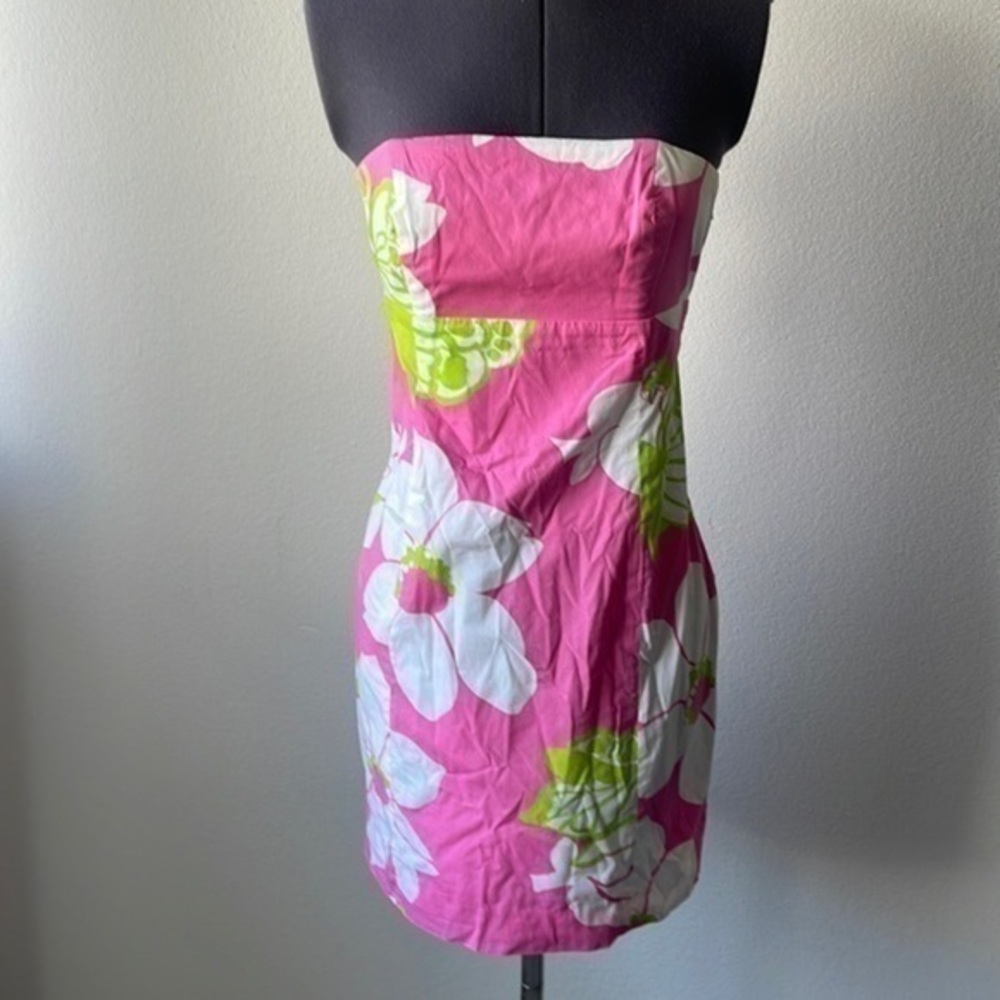 Lilly Pulitzer dress strapless size 2 pink green white floral tie back